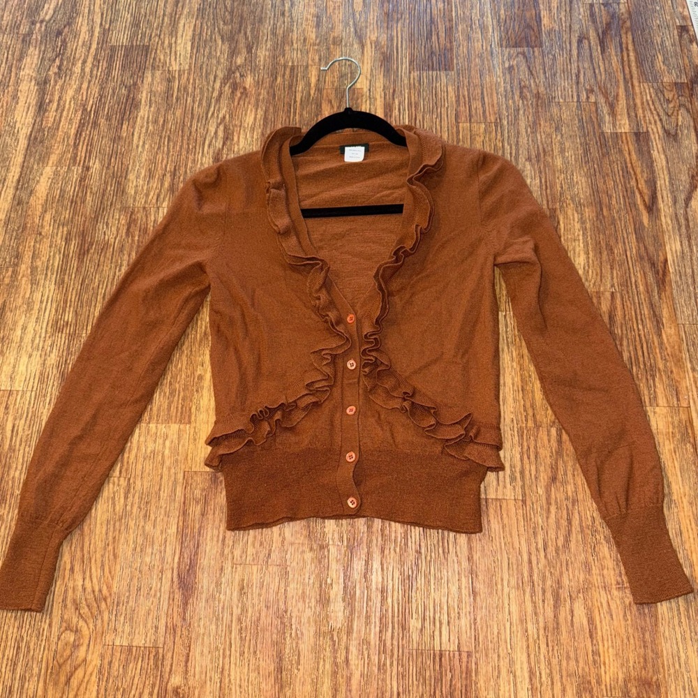 J. Crew Cardigan Merino Wool Ruffle Cardigan Women S Brown Button Front Sweater